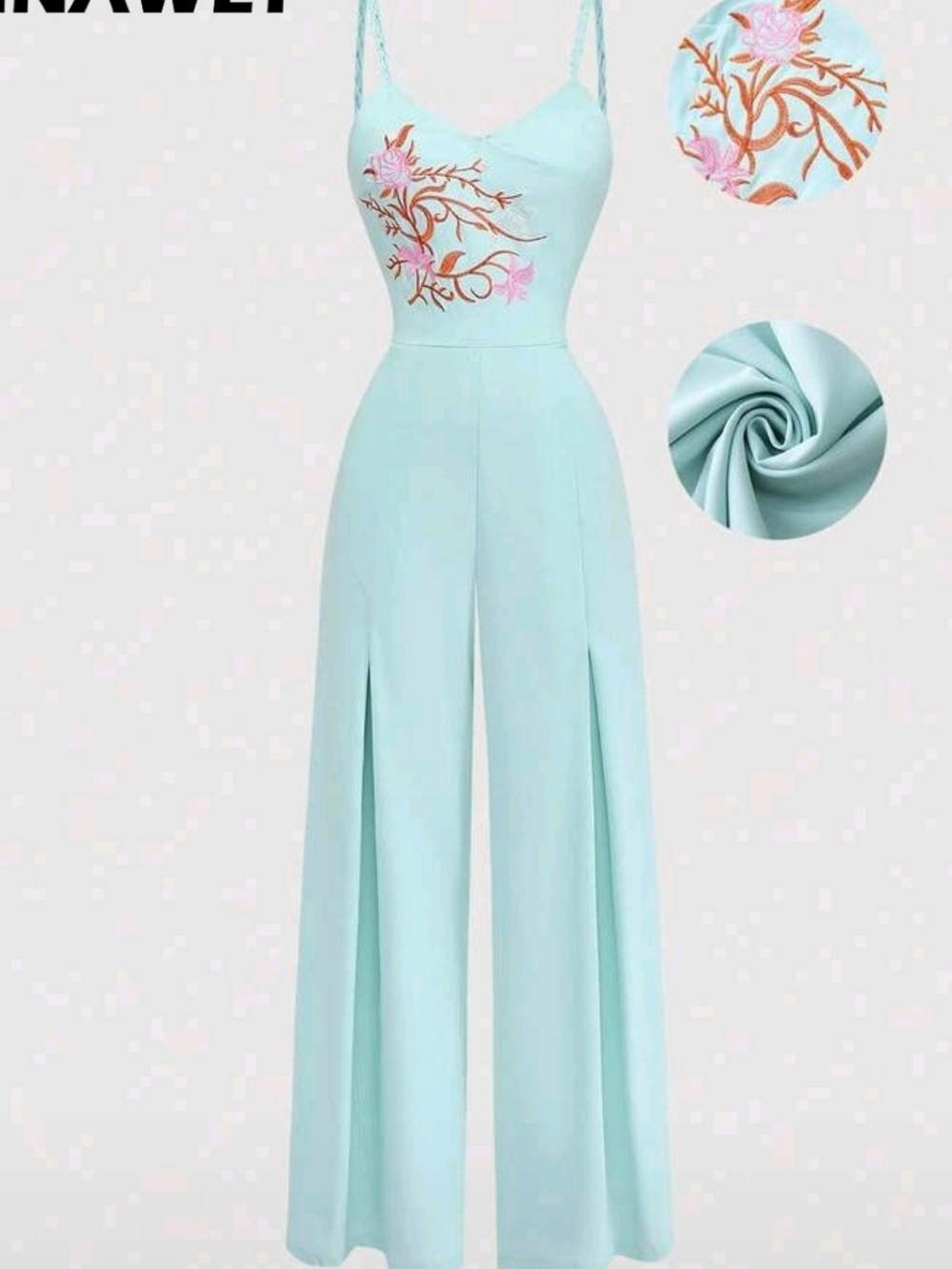 Light Blue Embroidered Wide-Leg Jumpsuit
